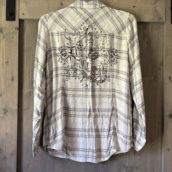 Harley-Davidson Relaxed Fit Long Sleeve Plaid Shirt White Women's L - Picture 2 of 7
